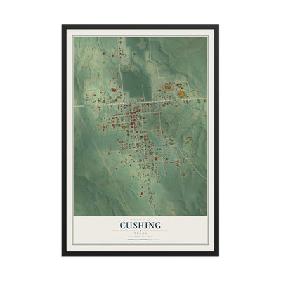 Map of Cushing, Texas, 12 x 18 inch print in a black wood frame