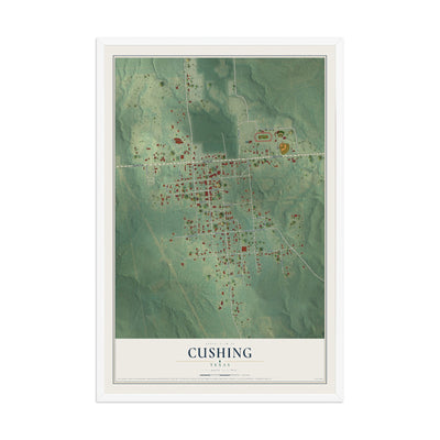 Map of Cushing, Texas, 12 x 18 inch print in a white wood frame