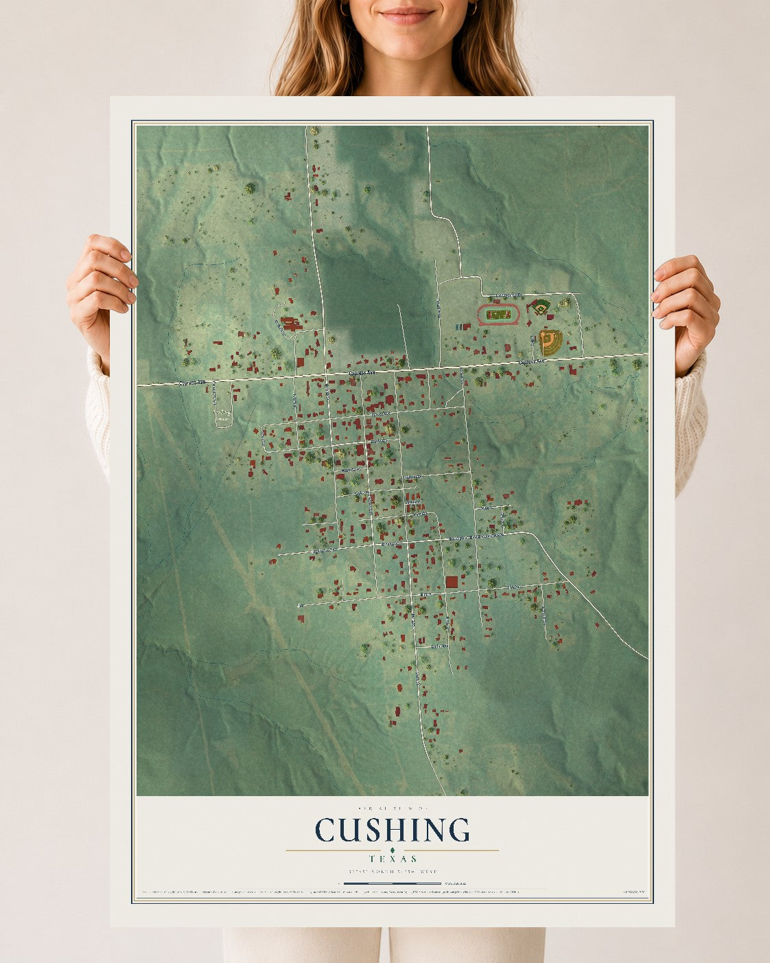 Map of Cushing, Texas, 24 x 36 inch unframed archival matte print