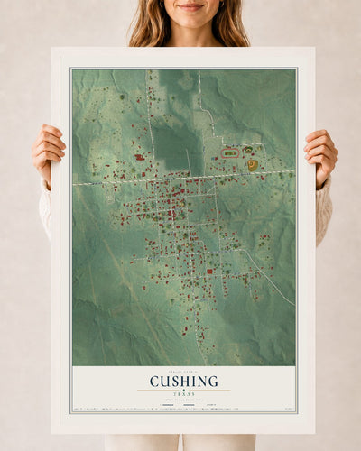 Map of Cushing, Texas, 24 x 36 inch print in a white wood frame