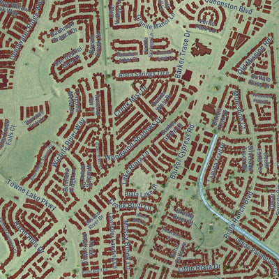 Close-up of the map of Cypress, Texas print showing street and building detail