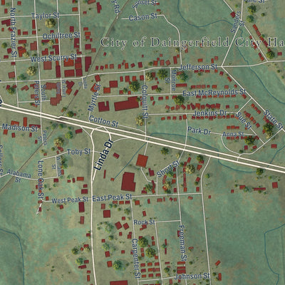 Close-up of the map of Daingerfield, Texas print showing street and building detail