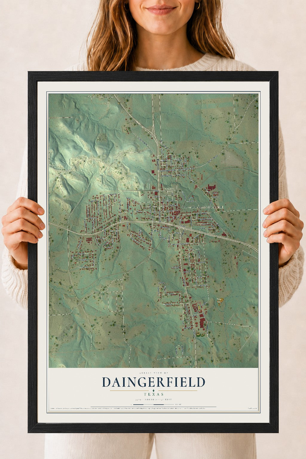 Map of Daingerfield, Texas, 18 x 24 inch print in a black wood frame
