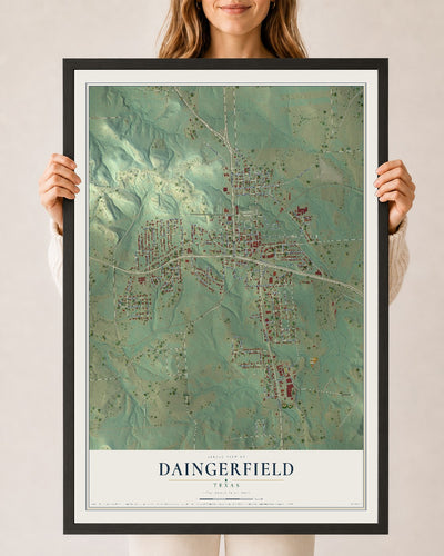 Map of Daingerfield, Texas, 24 x 36 inch print in a black wood frame