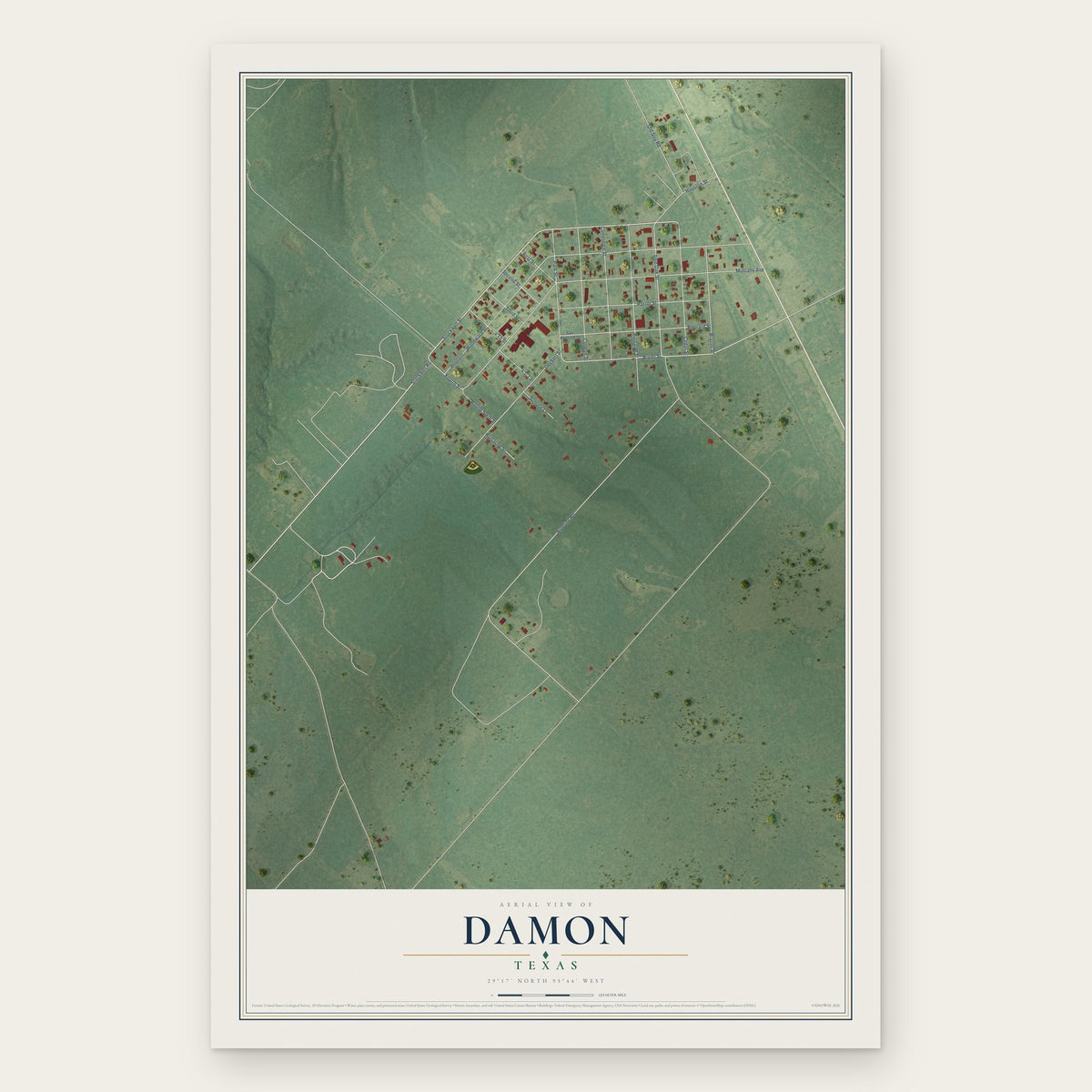 Damon, Texas map print, the full design