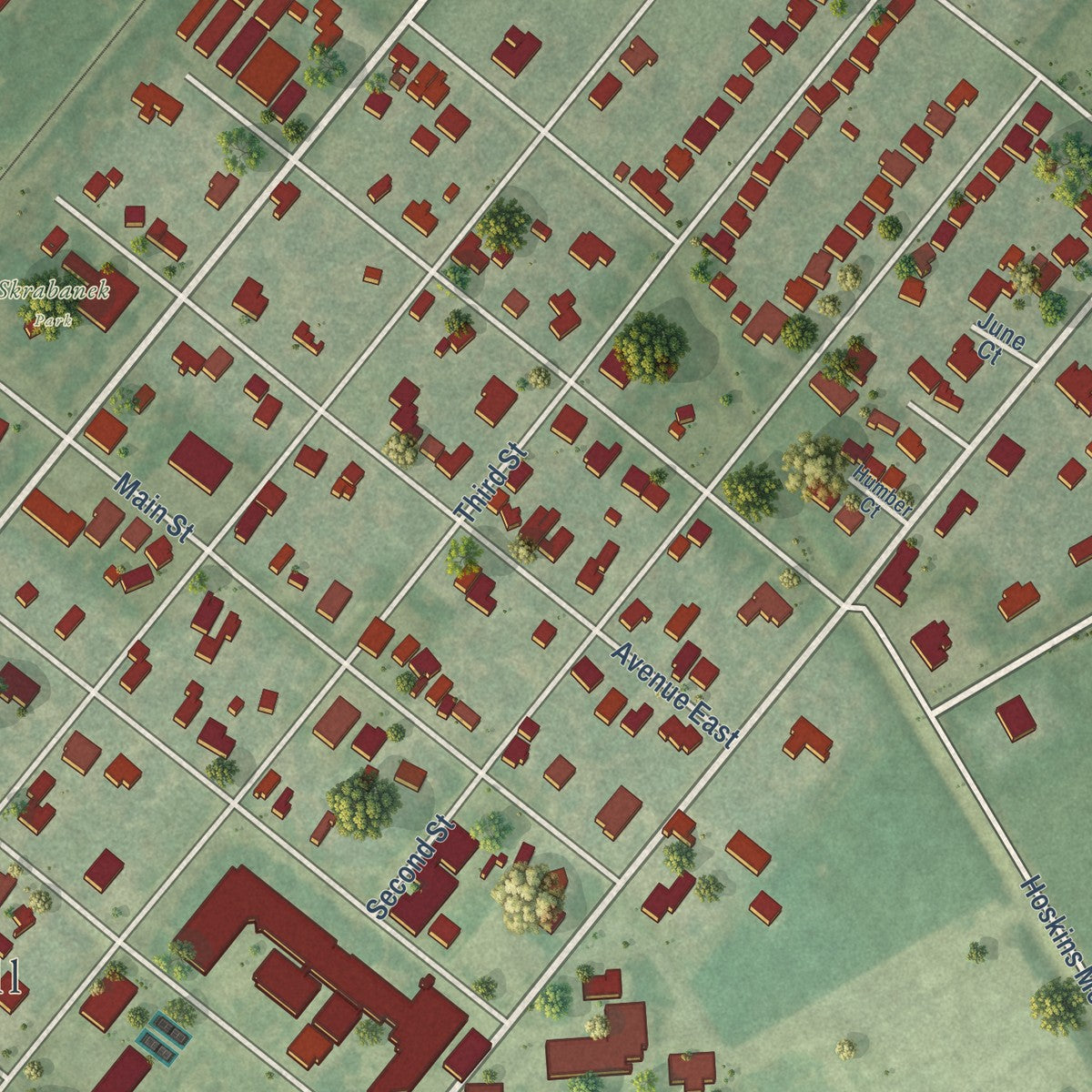Close-up of the map of Danbury, Texas print showing street and building detail