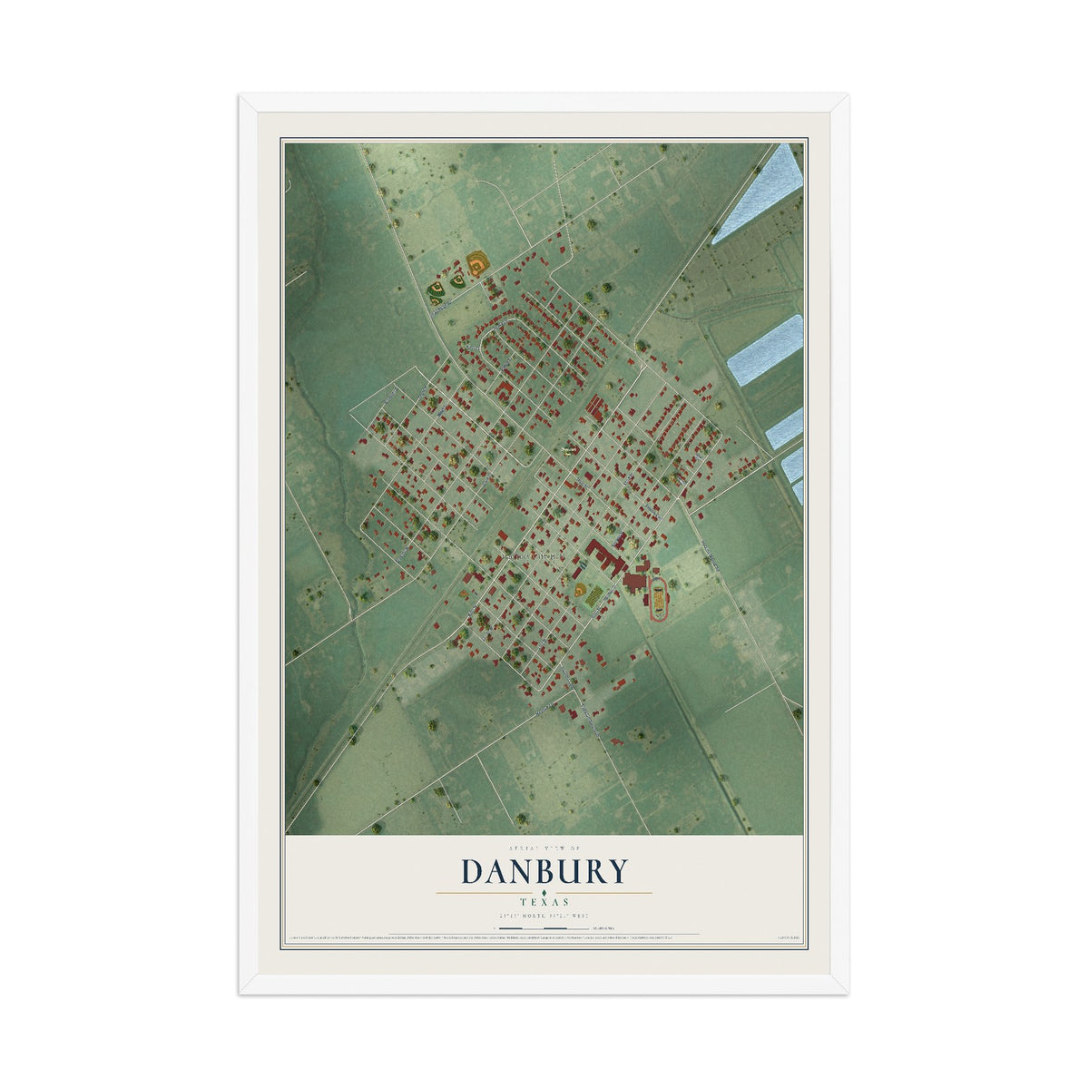 Map of Danbury, Texas, 12 x 18 inch print in a white wood frame