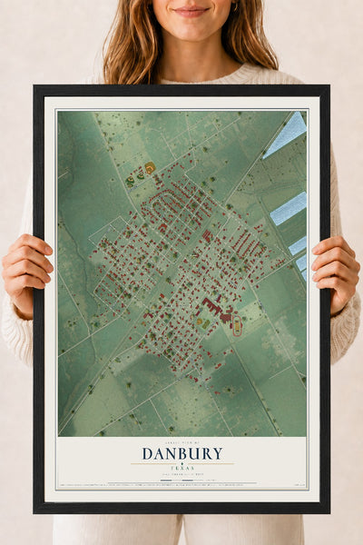 Map of Danbury, Texas, 18 x 24 inch print in a black wood frame