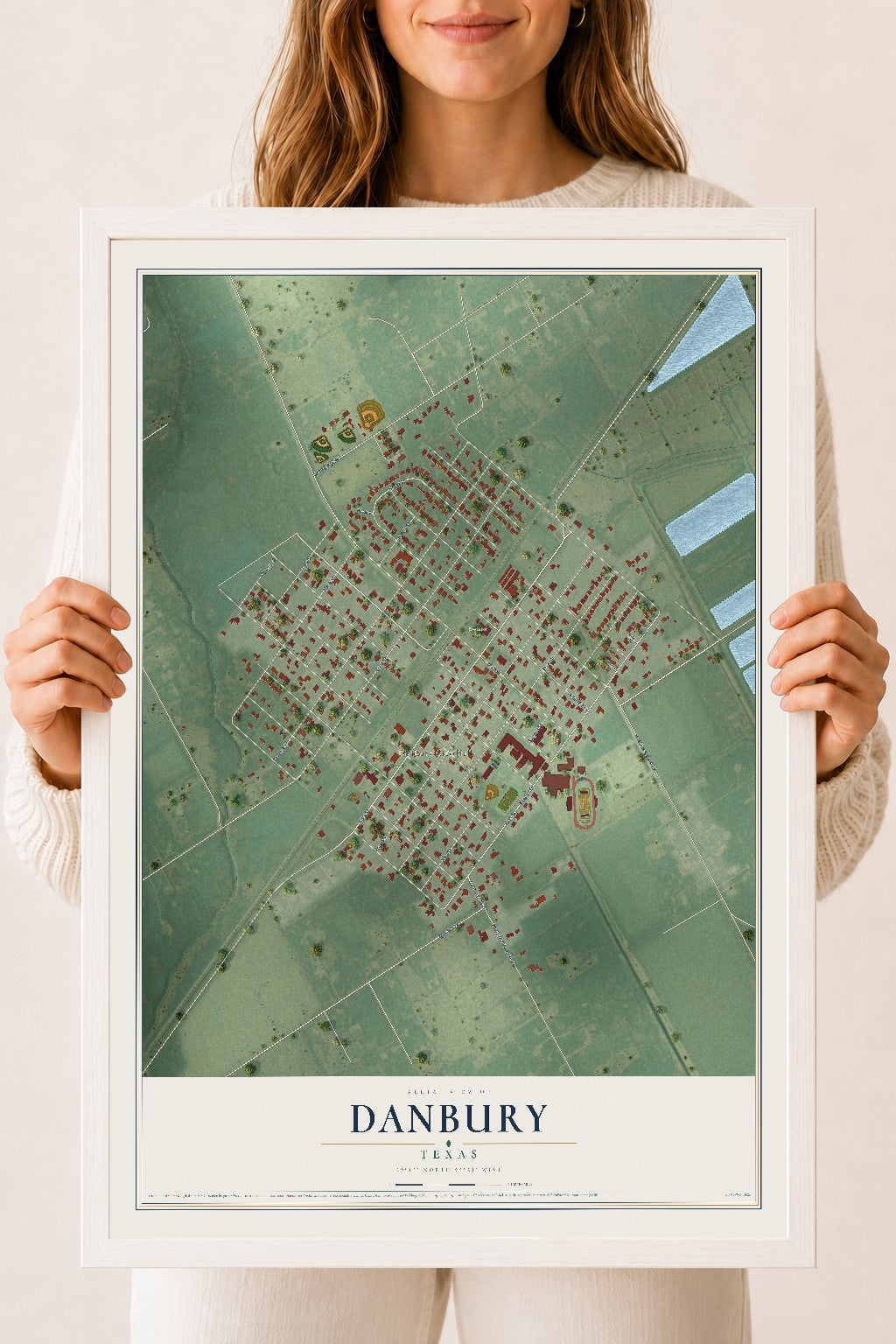 Map of Danbury, Texas, 18 x 24 inch print in a white wood frame