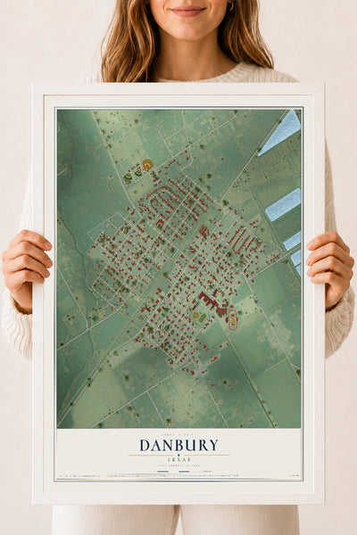 Map of Danbury, Texas, 18 x 24 inch print in a white wood frame