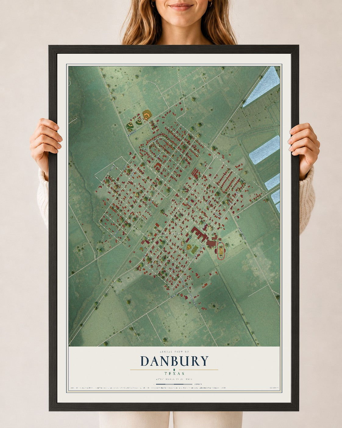 Map of Danbury, Texas, 24 x 36 inch print in a black wood frame