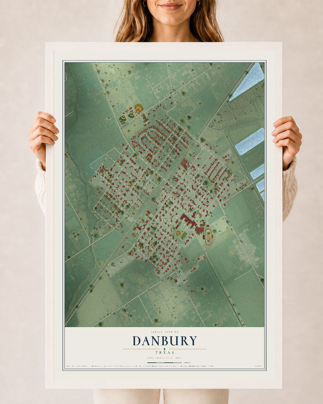 Map of Danbury, Texas, 24 x 36 inch print in a white wood frame