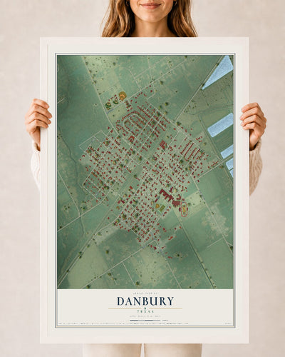 Map of Danbury, Texas, 24 x 36 inch print in a white wood frame