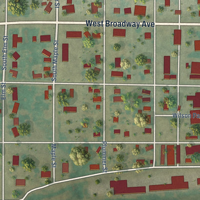 Close-up of the map of Darrouzett, Texas print showing street and building detail