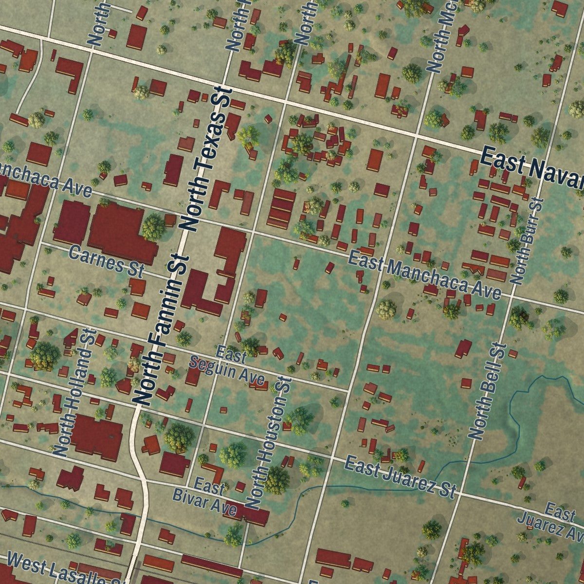 Close-up of the map of De Leon, Texas print showing street and building detail