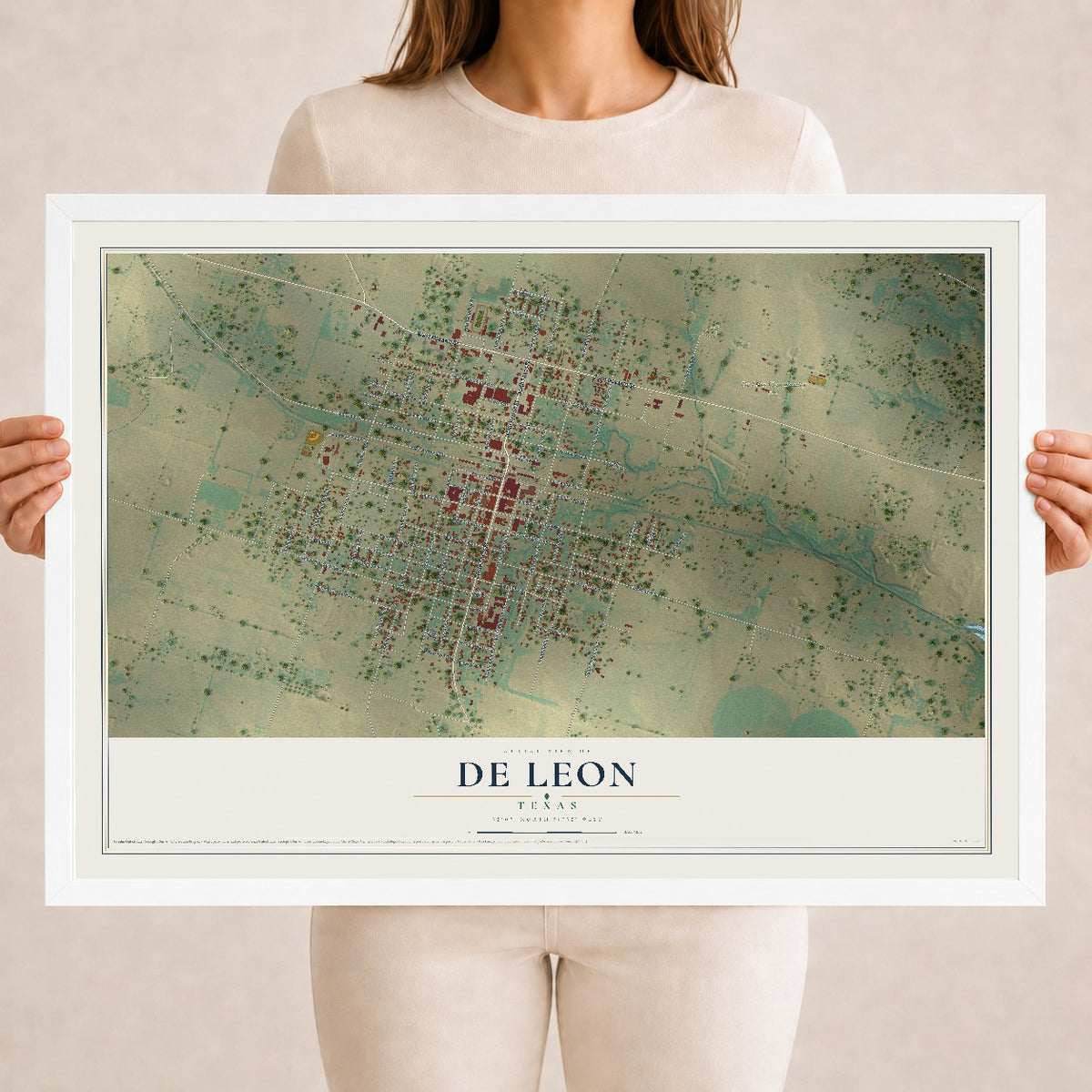 Map of De Leon, Texas, 18 x 24 inch print in a white wood frame