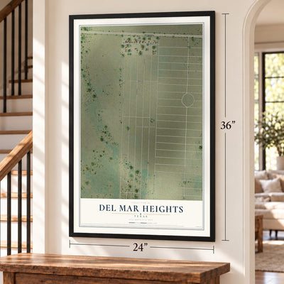 Del Mar Heights, Texas map, 24 x 36 inch print in a black frame by a staircase