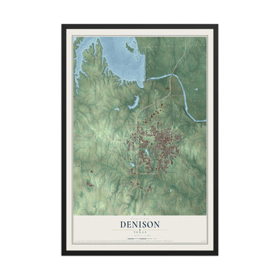 Map of Denison, Texas, 12 x 18 inch print in a black wood frame