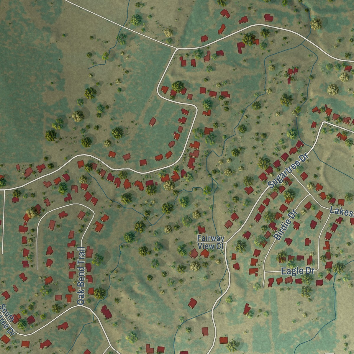 Close-up of the map of Dennis, Texas print showing street and building detail