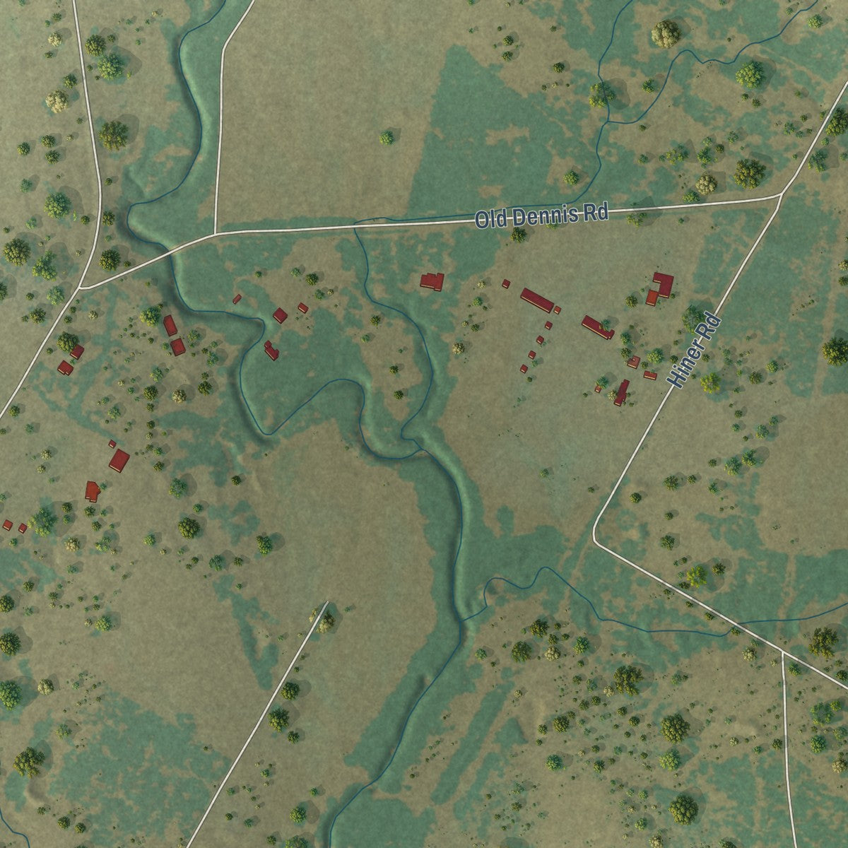 Second close-up of the map of Dennis, Texas print showing more streets and buildings