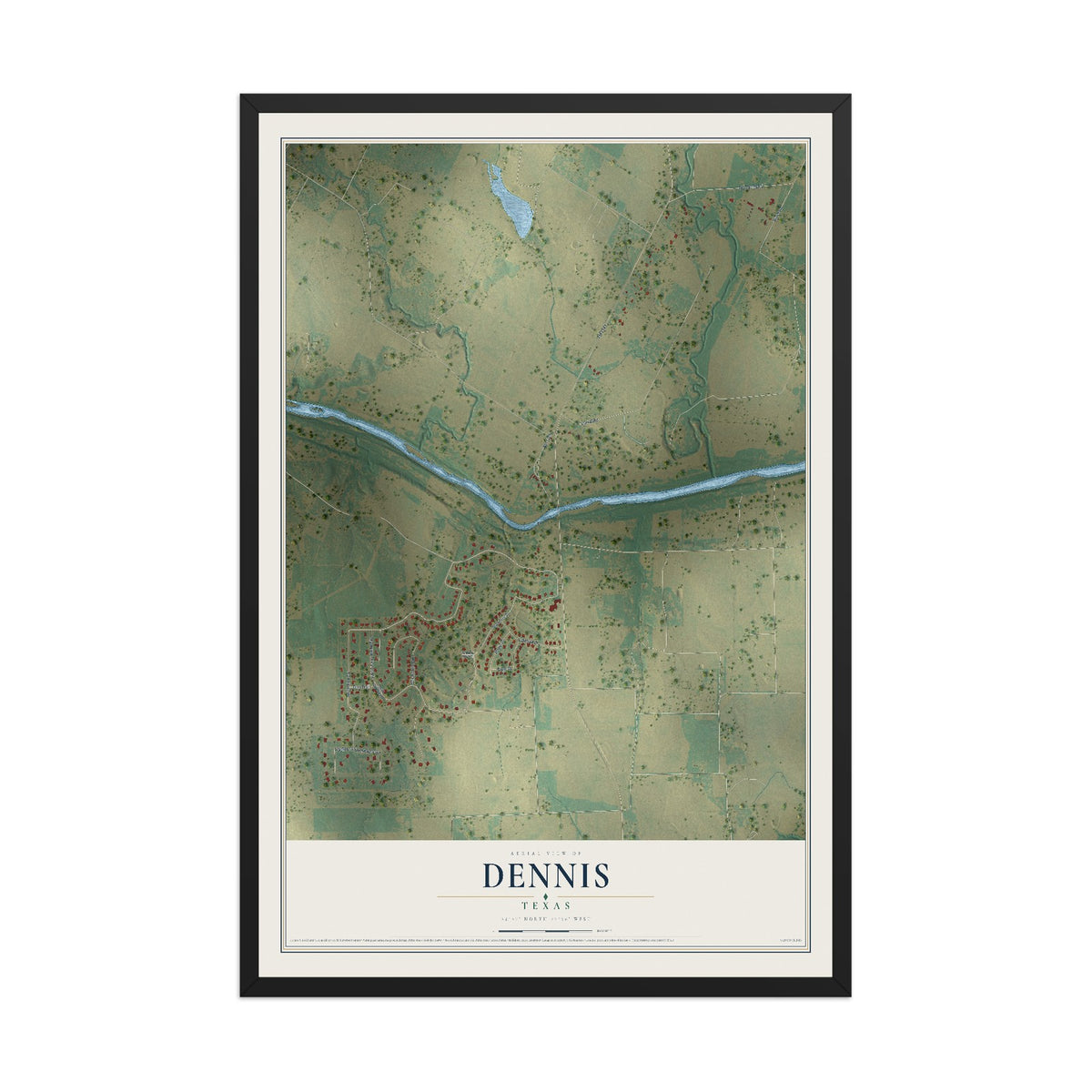 Map of Dennis, Texas, 12 x 18 inch print in a black wood frame