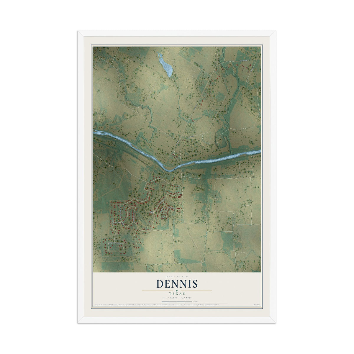Map of Dennis, Texas, 12 x 18 inch print in a white wood frame