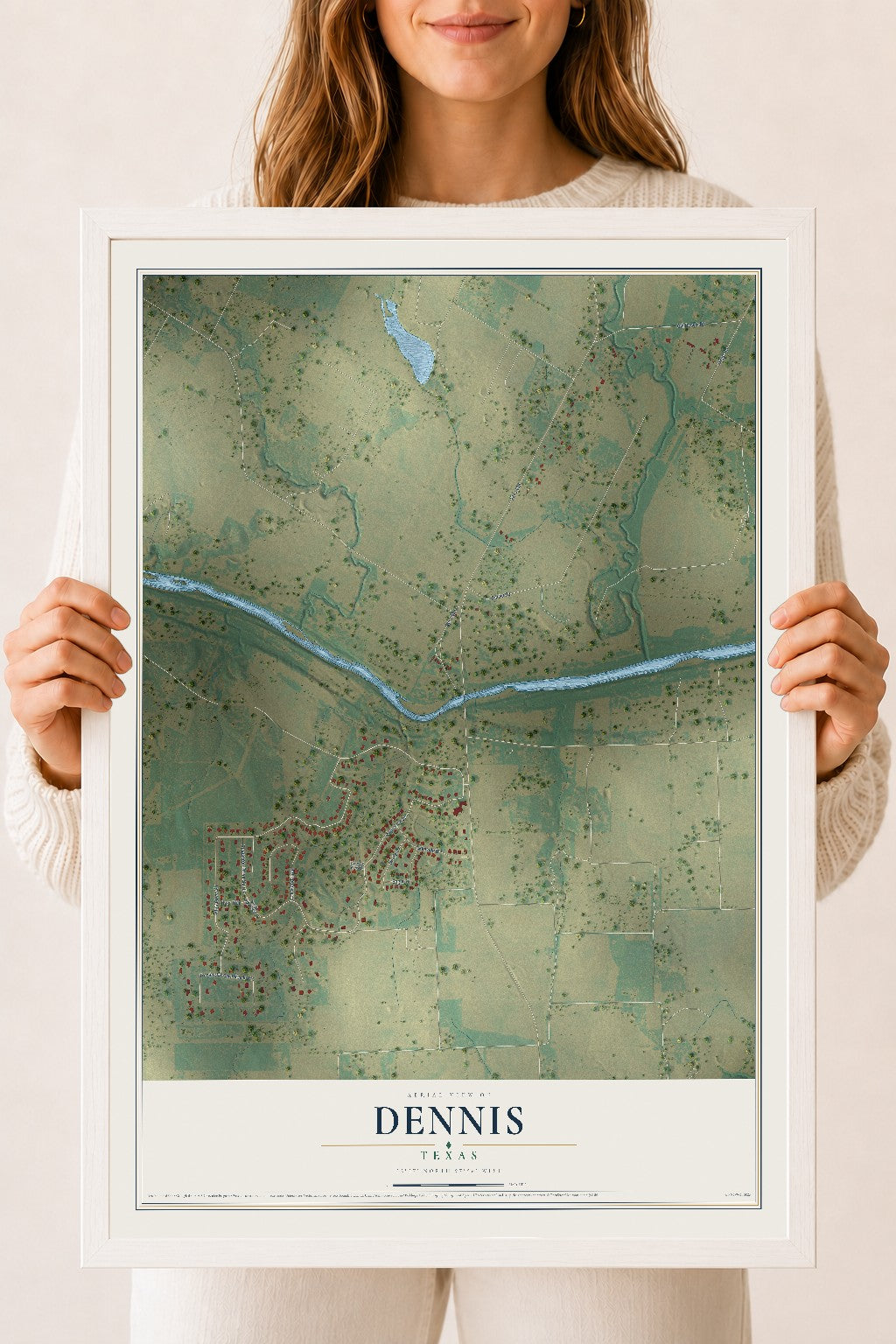 Map of Dennis, Texas, 18 x 24 inch print in a white wood frame