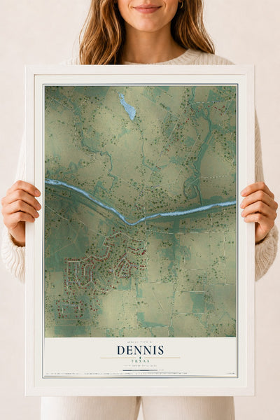 Map of Dennis, Texas, 18 x 24 inch print in a white wood frame
