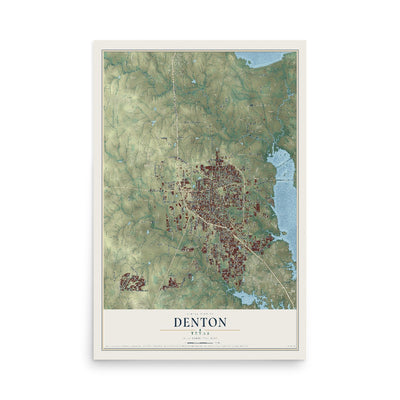 Map of Denton, Texas, 12 x 18 inch unframed archival matte print
