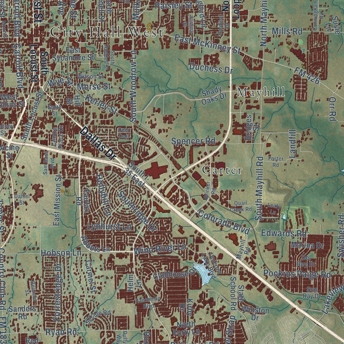 Close-up of the map of Denton, Texas print showing street and building detail