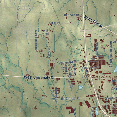 Second close-up of the map of Denton, Texas print showing more streets and buildings
