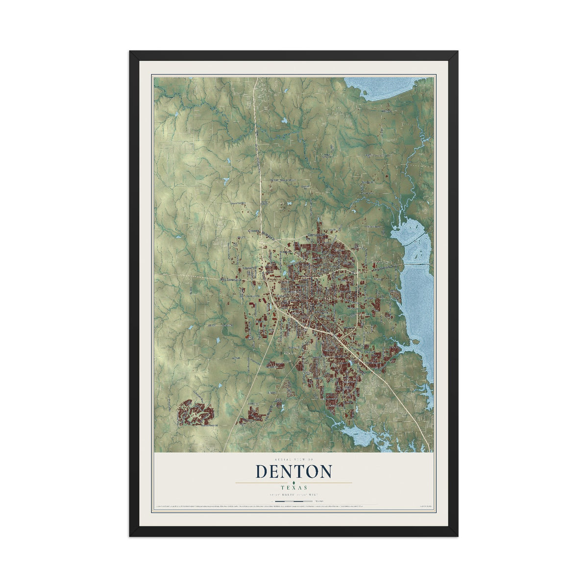 Map of Denton, Texas, 12 x 18 inch print in a black wood frame
