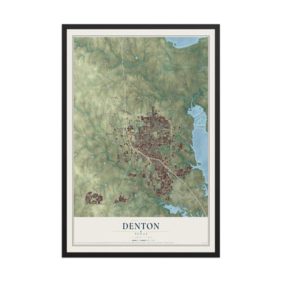Map of Denton, Texas, 12 x 18 inch print in a black wood frame