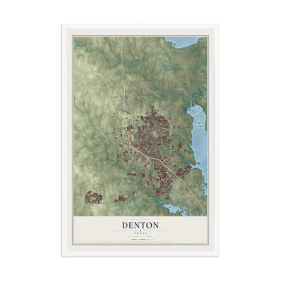 Map of Denton, Texas, 12 x 18 inch print in a white wood frame