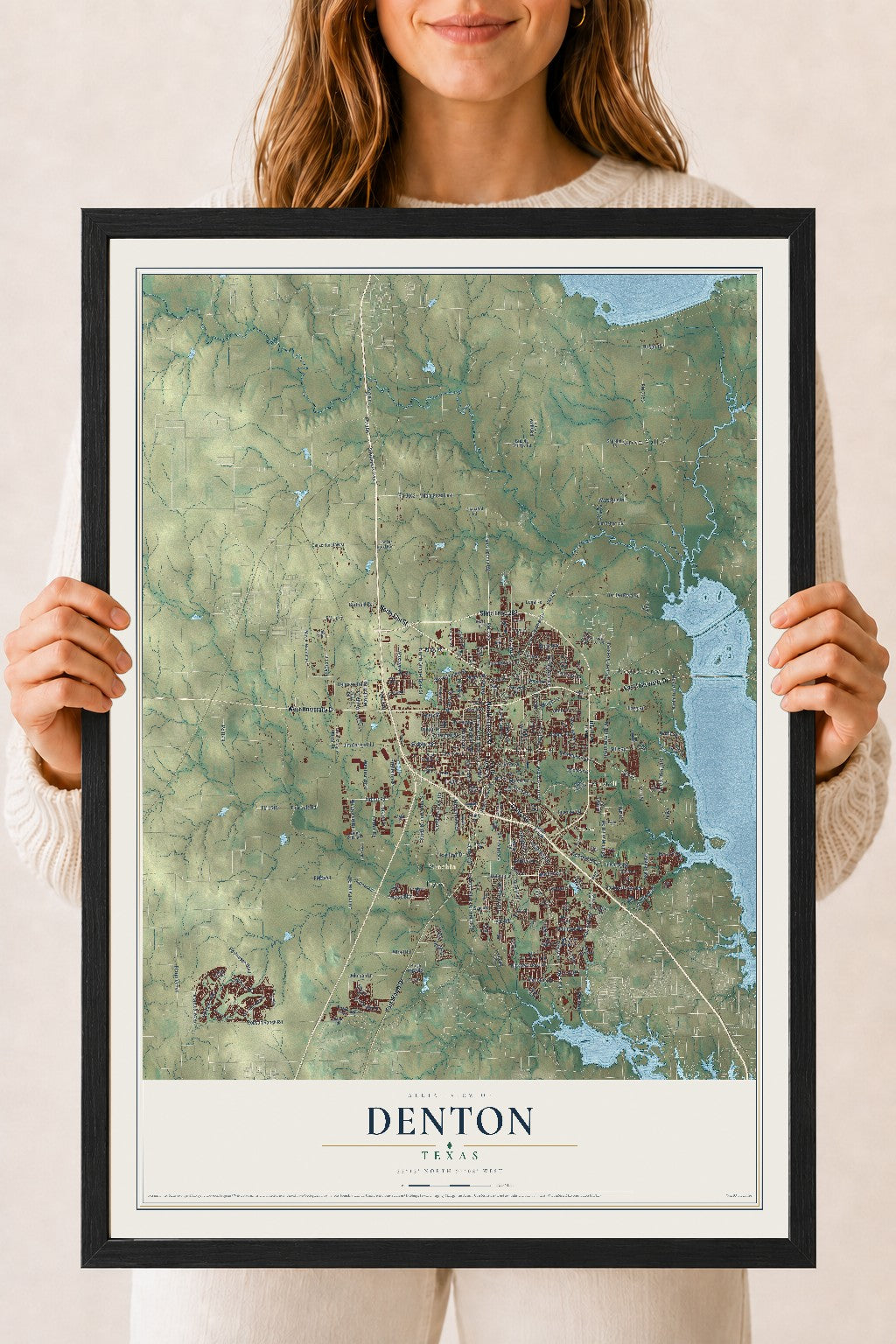 Map of Denton, Texas, 18 x 24 inch print in a black wood frame