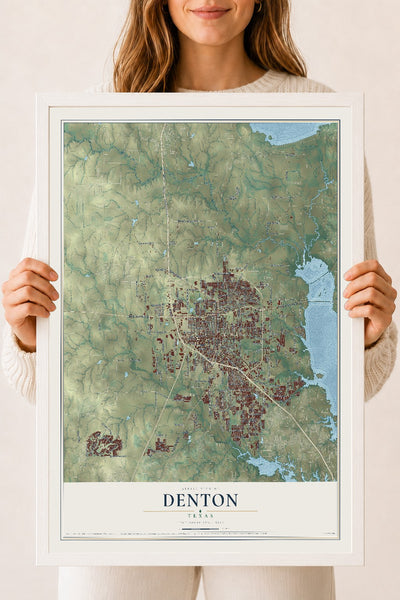 Map of Denton, Texas, 18 x 24 inch print in a white wood frame