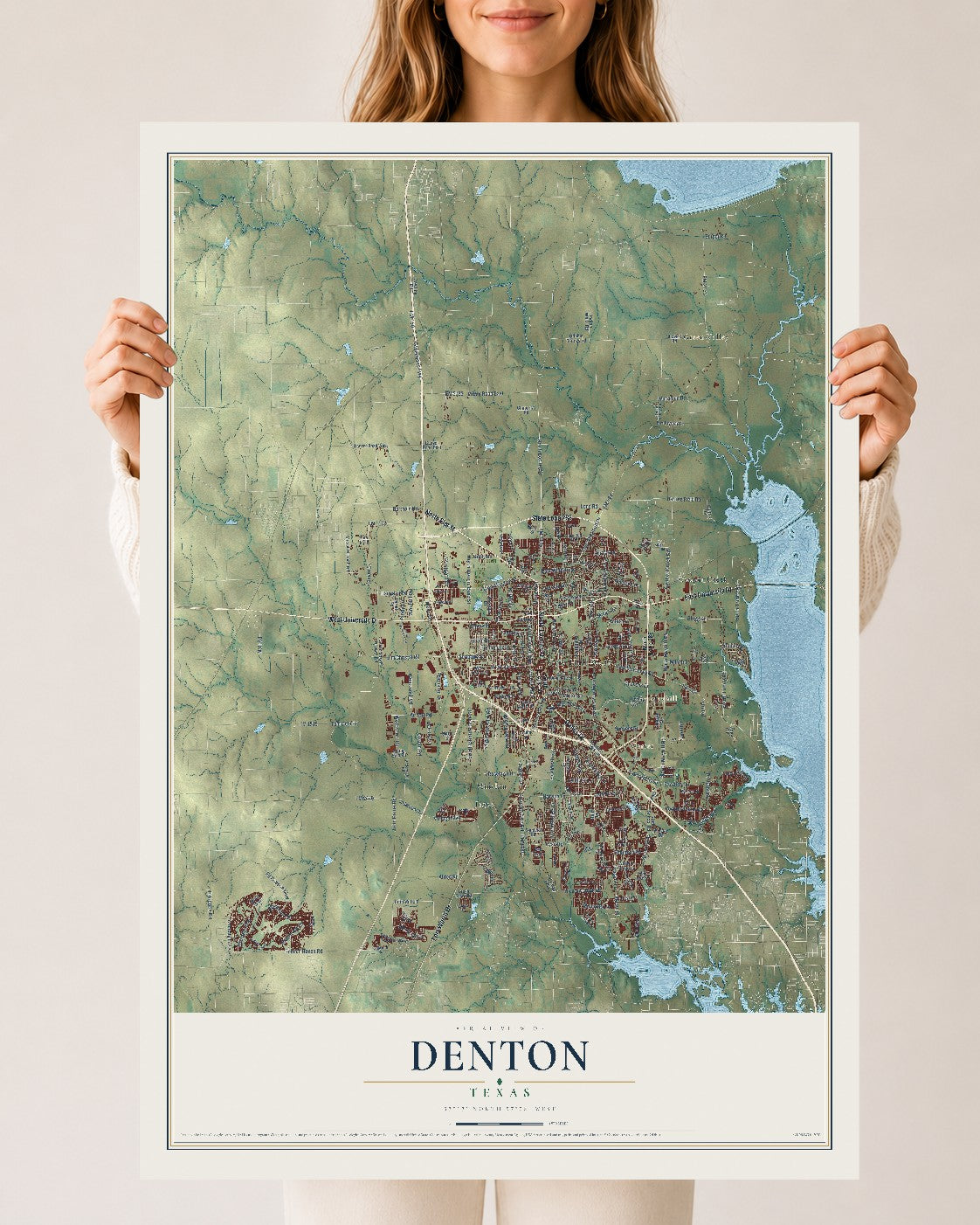 Map of Denton, Texas, 24 x 36 inch unframed archival matte print