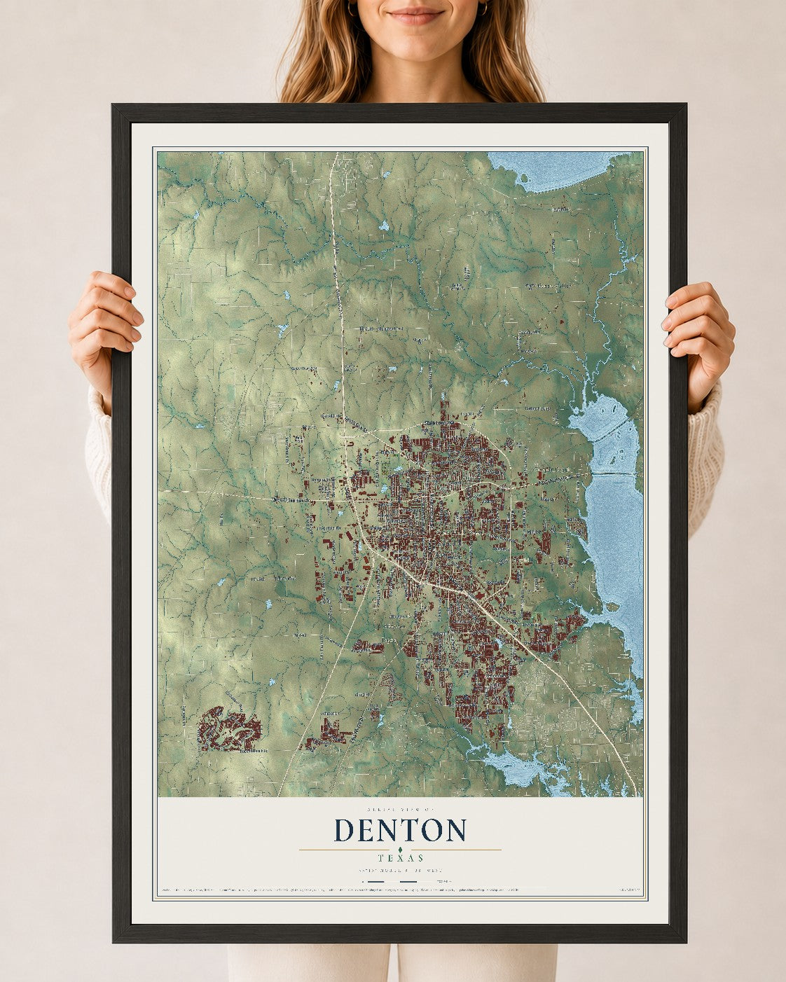 Map of Denton, Texas, 24 x 36 inch print in a black wood frame