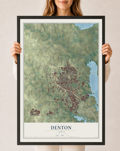 Map of Denton, Texas, 24 x 36 inch print in a black wood frame