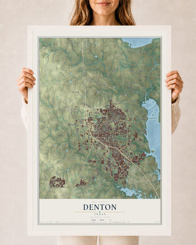 Map of Denton, Texas, 24 x 36 inch print in a white wood frame