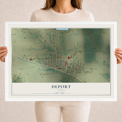 Map of Deport, Texas, 18 x 24 inch print in a white wood frame