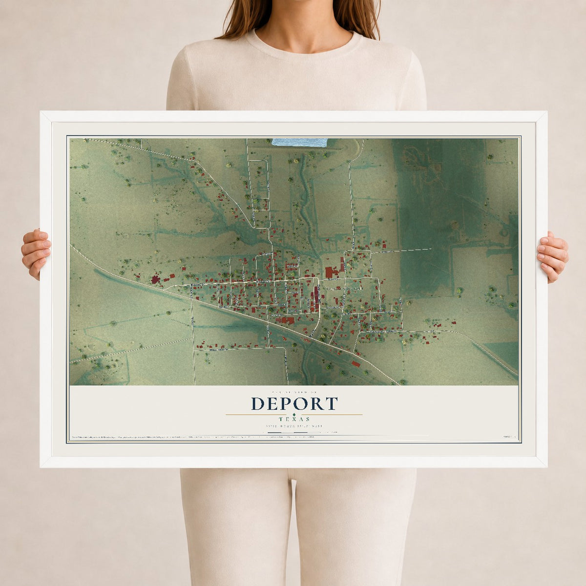Map of Deport, Texas, 24 x 36 inch print in a white wood frame