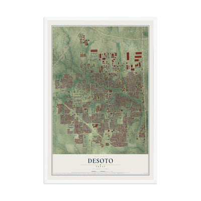 Map of DeSoto, Texas, 12 x 18 inch print in a white wood frame