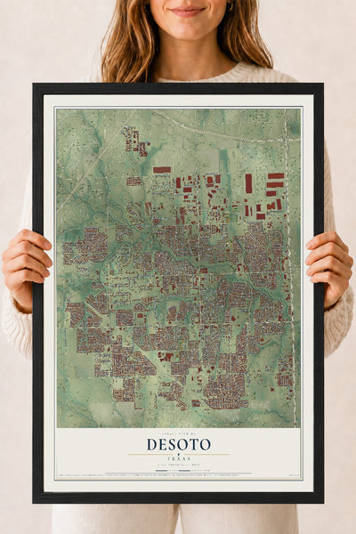 Map of DeSoto, Texas, 18 x 24 inch print in a black wood frame