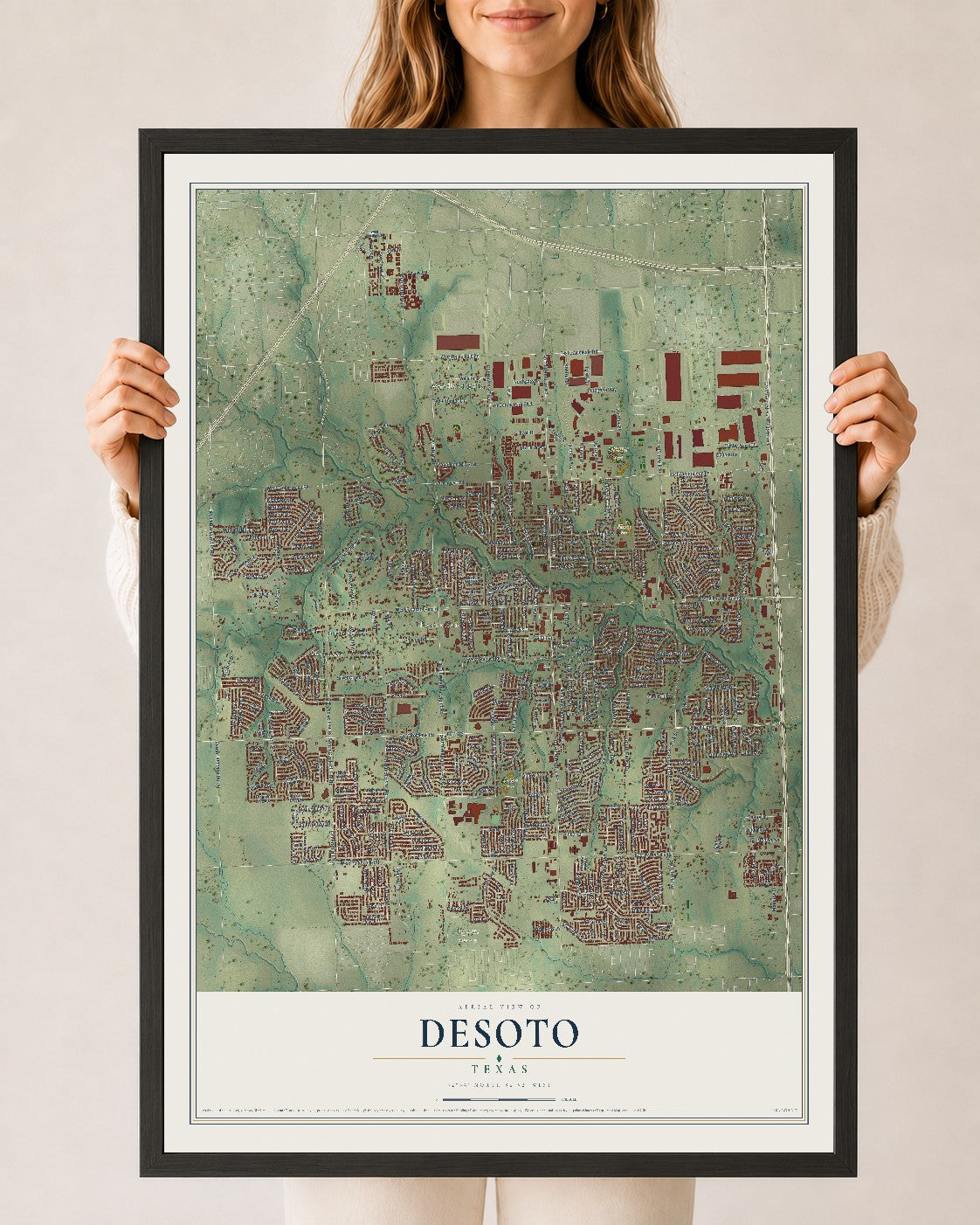Map of DeSoto, Texas, 24 x 36 inch print in a black wood frame