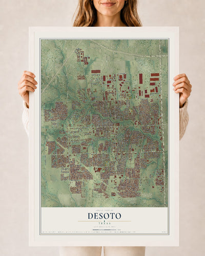 Map of DeSoto, Texas, 24 x 36 inch print in a white wood frame