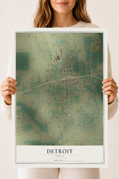 Map of Detroit, Texas, 18 x 24 inch unframed archival matte print
