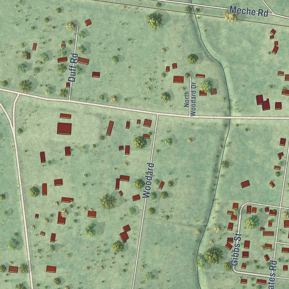 Close-up of the map of Devers, Texas print showing street and building detail