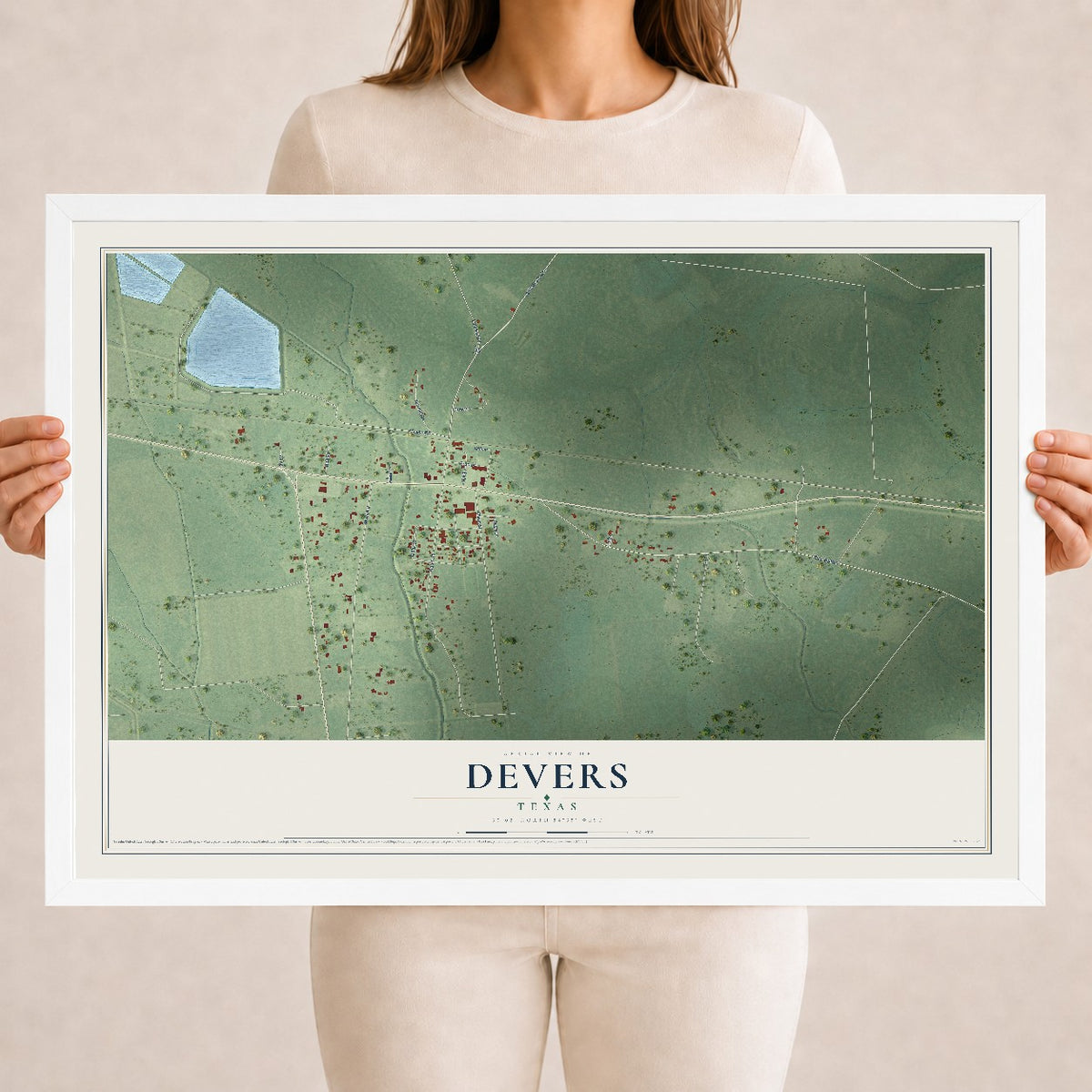 Map of Devers, Texas, 18 x 24 inch print in a white wood frame