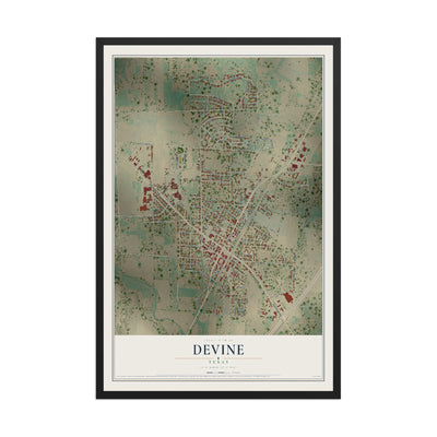 Map of Devine, Texas, 12 x 18 inch print in a black wood frame